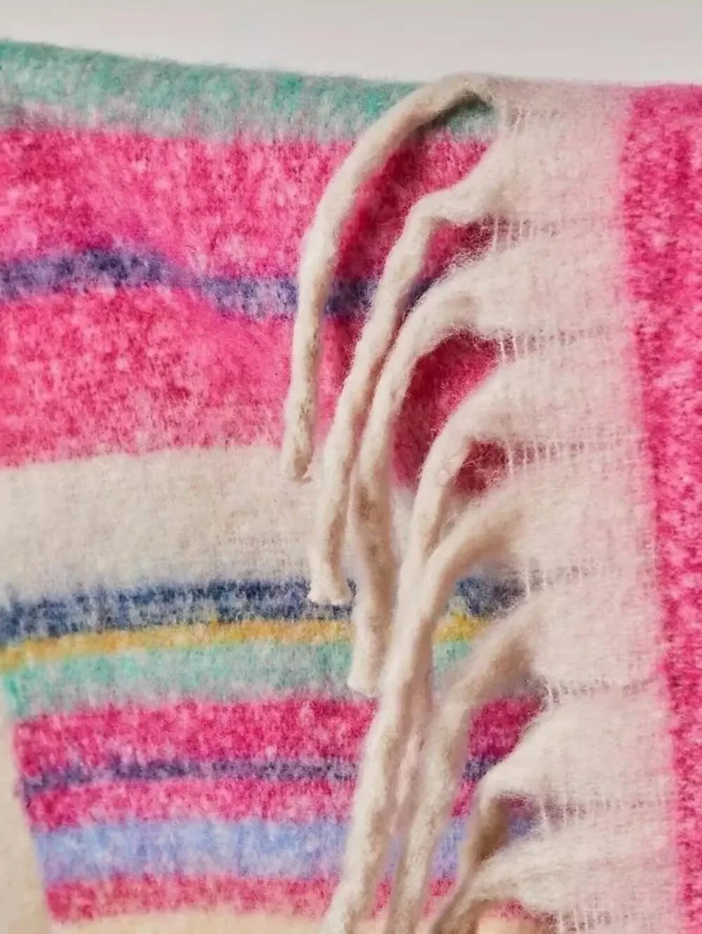 Free People $78 Oversized Pink Teal Striped Blanket Multi Color Fringe Wrap